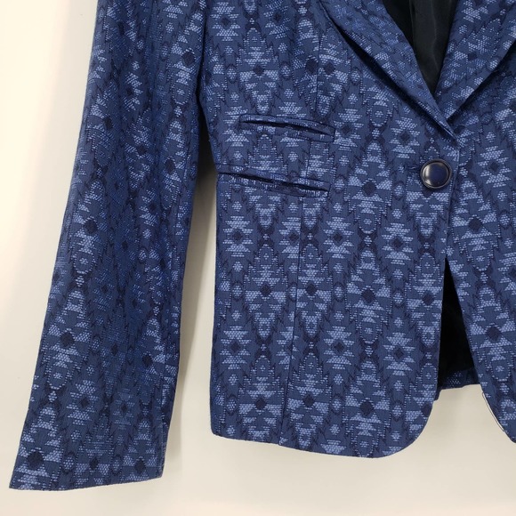 3/$25 Zara Jacquard Blazer Jacket XS Aztec Tribal One Button Cotton Blend Blue - Picture 10 of 13